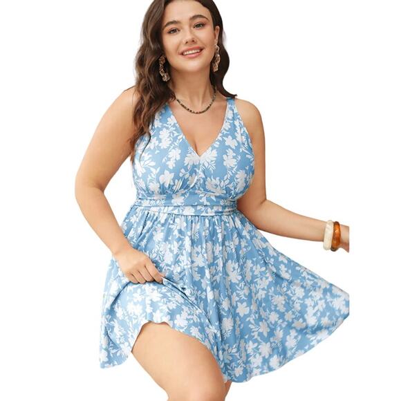 BloomChic Floral Print V Neck Ruffle Hem Ruched Detail Swim Dress, Size 12/Large - Picture 1 of 7